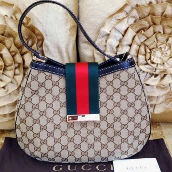 Authentic Gucci Beige and Brown Hobo Shoulder Bag with Red and Green Web Stripe - Picture 1 of 16
